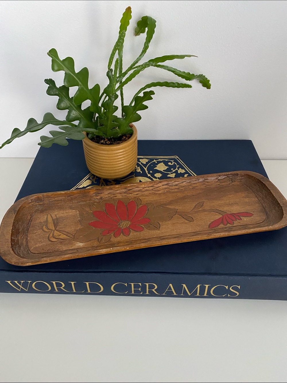 Hand-Carved Wooden Tray with Red Floral Inlay